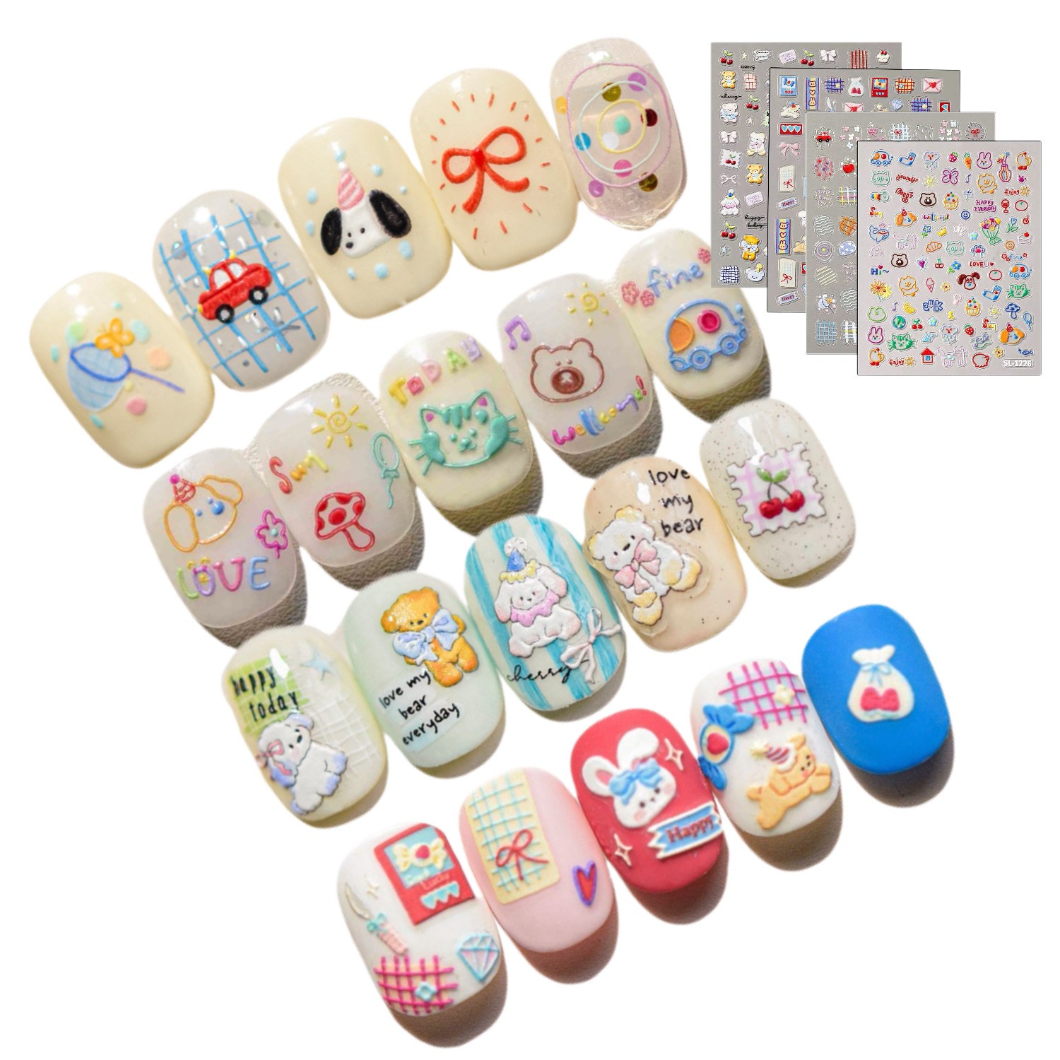 별라 힙한 엠보 입체 네일 스티커 귀여운 강아지 고양이 동물 리본 하트 4종 세트, 4개, 혼합 8,500원