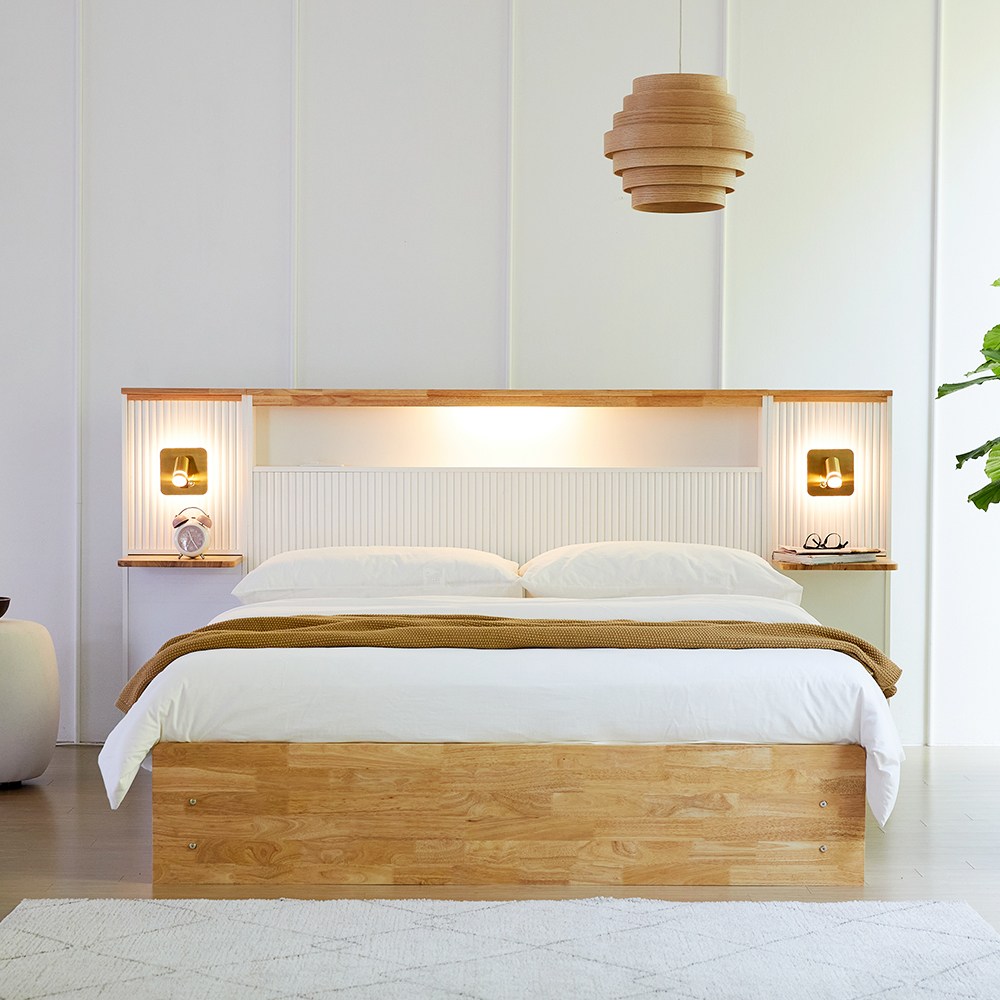 아르볼가구 루디 원목 LED조명 호텔 수납 침대프레임 Q, 침대프레임 화이트 449,000원