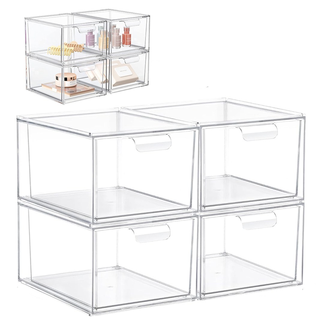 CROTOLO 세트 쌓을 수 있는 화장품 정리함, 투명 서랍 아크릴 플라스틱 보관함, 욕실/화장대/주방 캐비닛/식료품 저장실용, 단일색상, 4개 39,380원