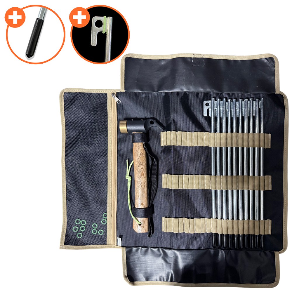 위드차차차 캠핑 타프 단조팩 10개+야광링 10개+보호캡10개+망치+가방 세트 S45C, 현재가 30,000원