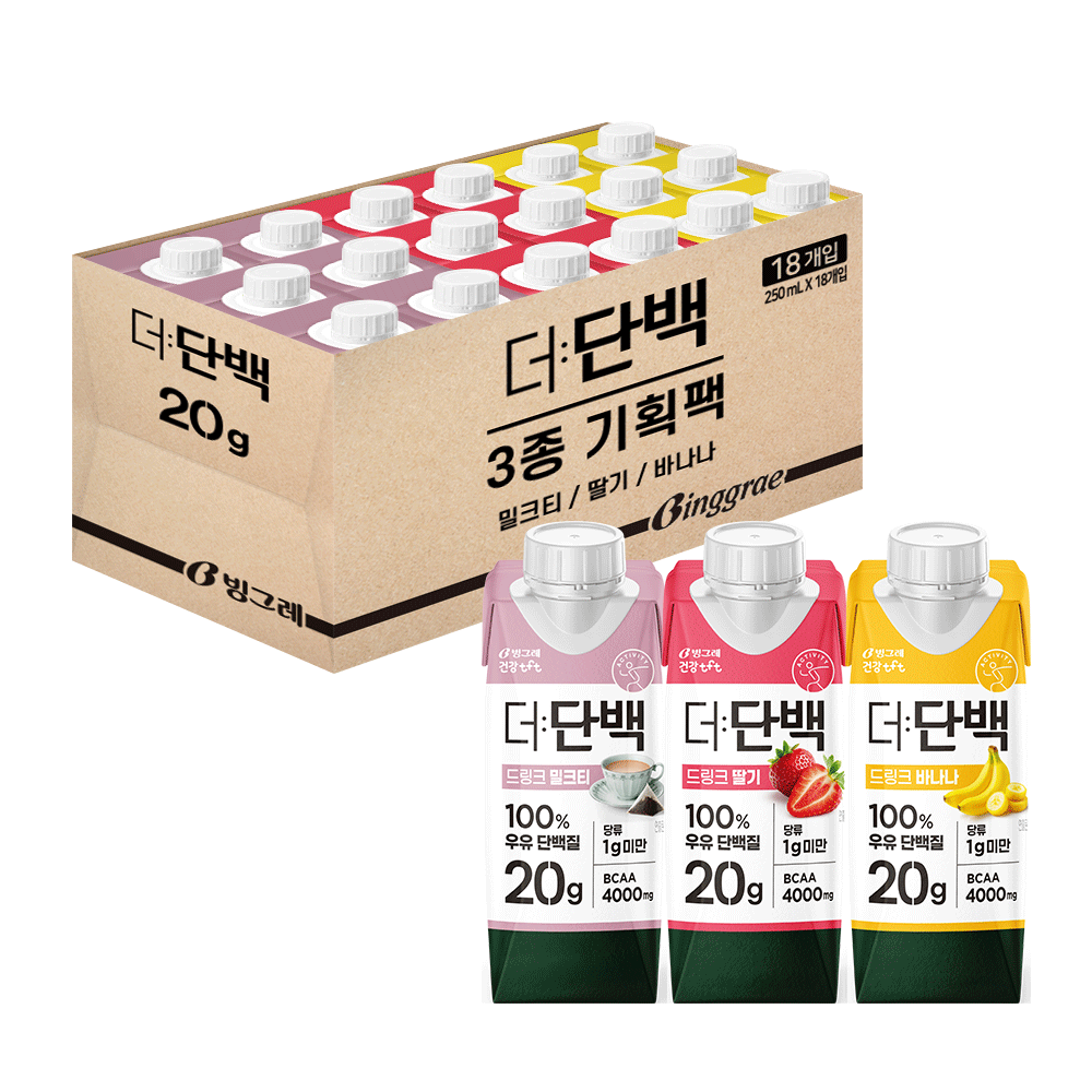 빙그레 더단백 드링크 프로틴음료 3종 혼합(밀크티6+딸기6+바나나6) 총 18개, 18개, 250ml 25,000원