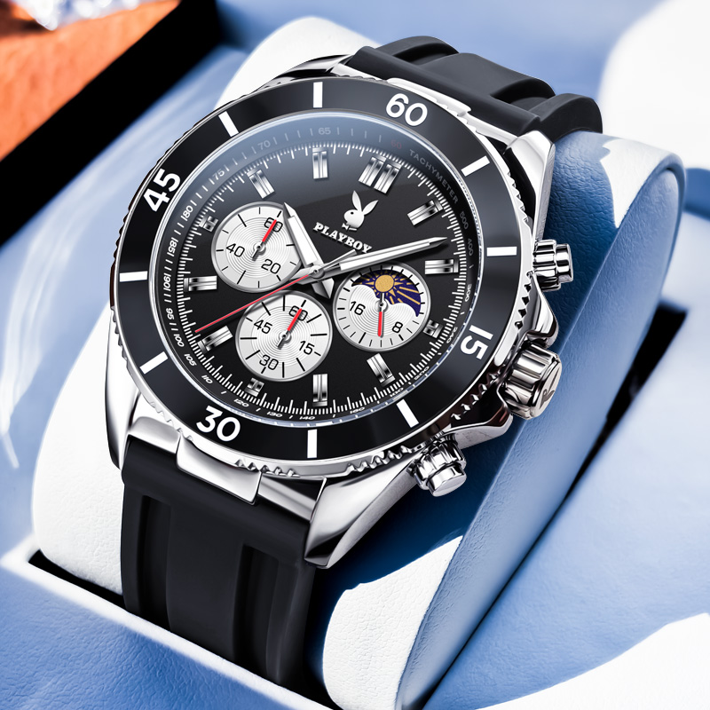 PLAYBOY 남성 명품 디자인 크로노그래프 시계 방수 스포츠 워치 날짜 표시 실리콘 스트랩 비즈니스 손목시계 51,400원
