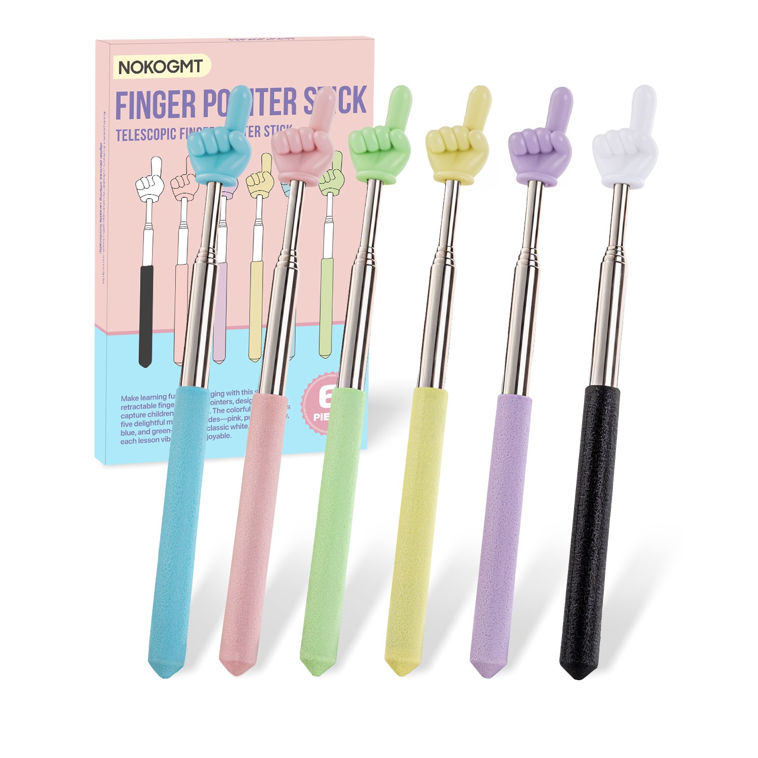 NOKOGMT 마카롱 손가락 지시봉 6종 세트 - 교실 수업용 신축형 포인터 선생님 선물용 파스텔 컬러 (어린이/성인 겸용), 마카롱 색상, 1박스 10,000원