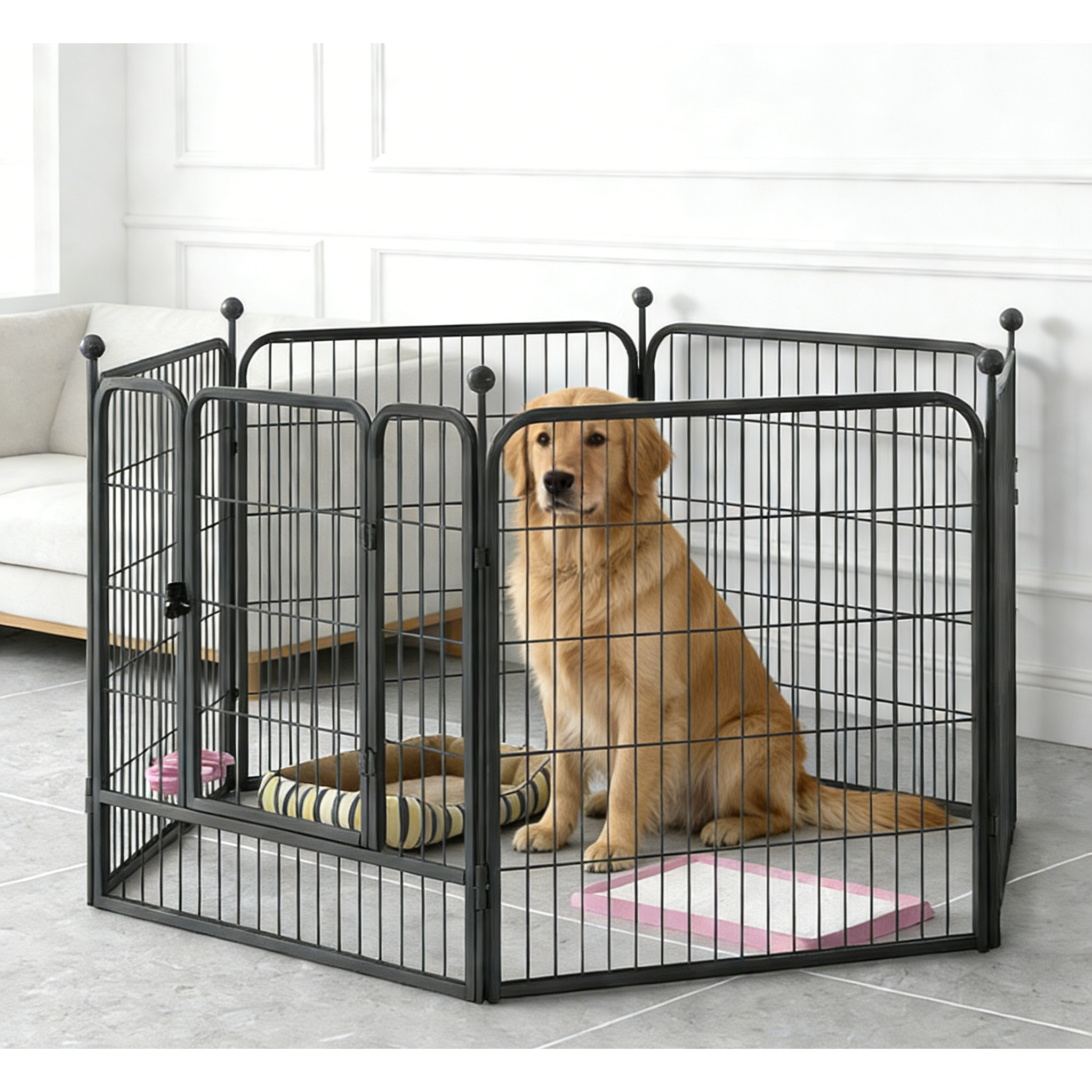 리빙가감법 반려동물 고품질 대형견 울타리 튼튼한 메탈 안전한 논슬립 자동 잠금 애견 펜스 대형 울타리, 1세트, 블랙 64,900원