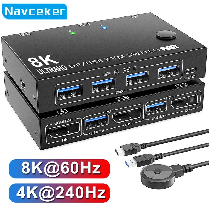 kvm스위치 8포트 km스위치 케이블일체형 Navceker 4K 240Hz DisplayPort KVM 스위치 2포트 8K 60Hz DP 비디오 US 110vB 스위처 2대의 123,600원
