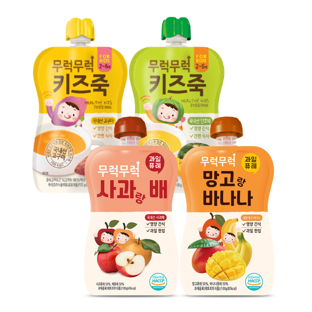 이유케어스 무럭무럭 키즈죽 100g x 2종 + 퓨레 100g x 2종 세트 9,850원