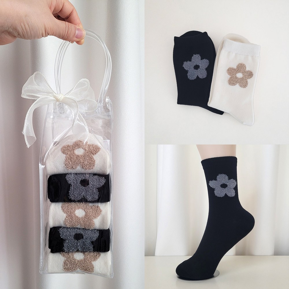 [SDG] 보송보송 꽃자수 여성 중목 양말 세트 + 리본 구디백 선물포장 (2/3/5켤레) 7,900원