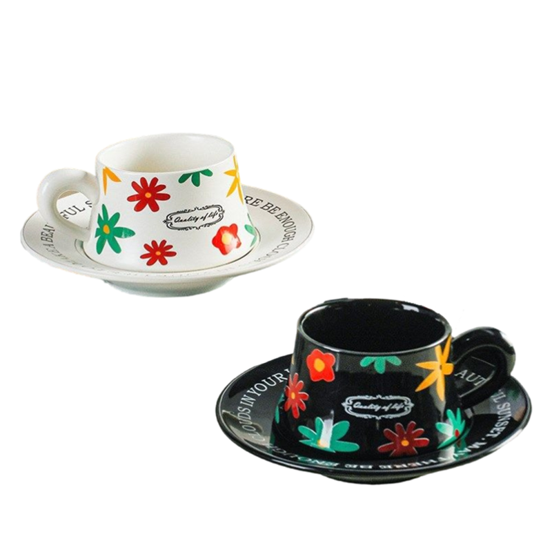 StarR 프렌치 플라워 일러스트 패턴 세라믹 커피잔 2개입, 블랙 + 화이트, 1세트, 컵 2개+컵받침 2개+스푼 2개 19,600원