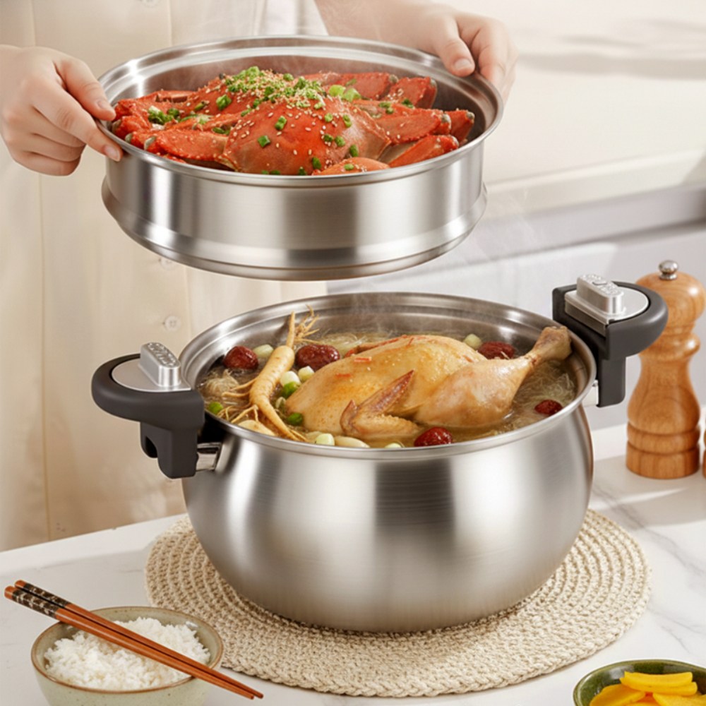 하루꿈 저압 냄비 통3중 304 스텐 대용량 곰솥 찜기 빠른조리 압력솥 안전 저압 설계 인덕션 가스렌지 겸용 냄비세트 39,800원