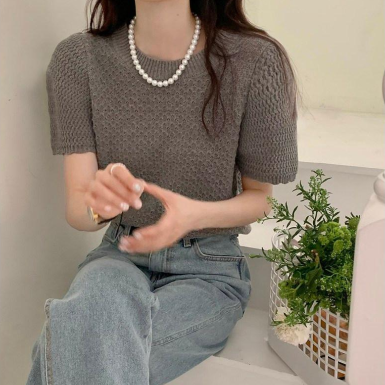 IBOY UGIRL XU0038C-B 여성 비티지 퍼프소매 반팔 니트티 23,300원