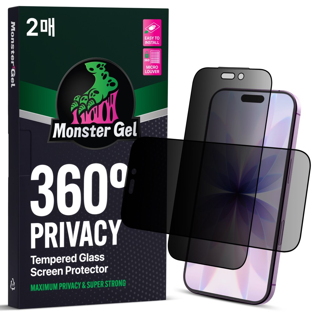 몬스터겔 360도 상하좌우 완벽차단 사생활보호 강화유리 아이폰 액정보호필름 2매 + 똥손탈출 부착틀, 1세트 30,900원