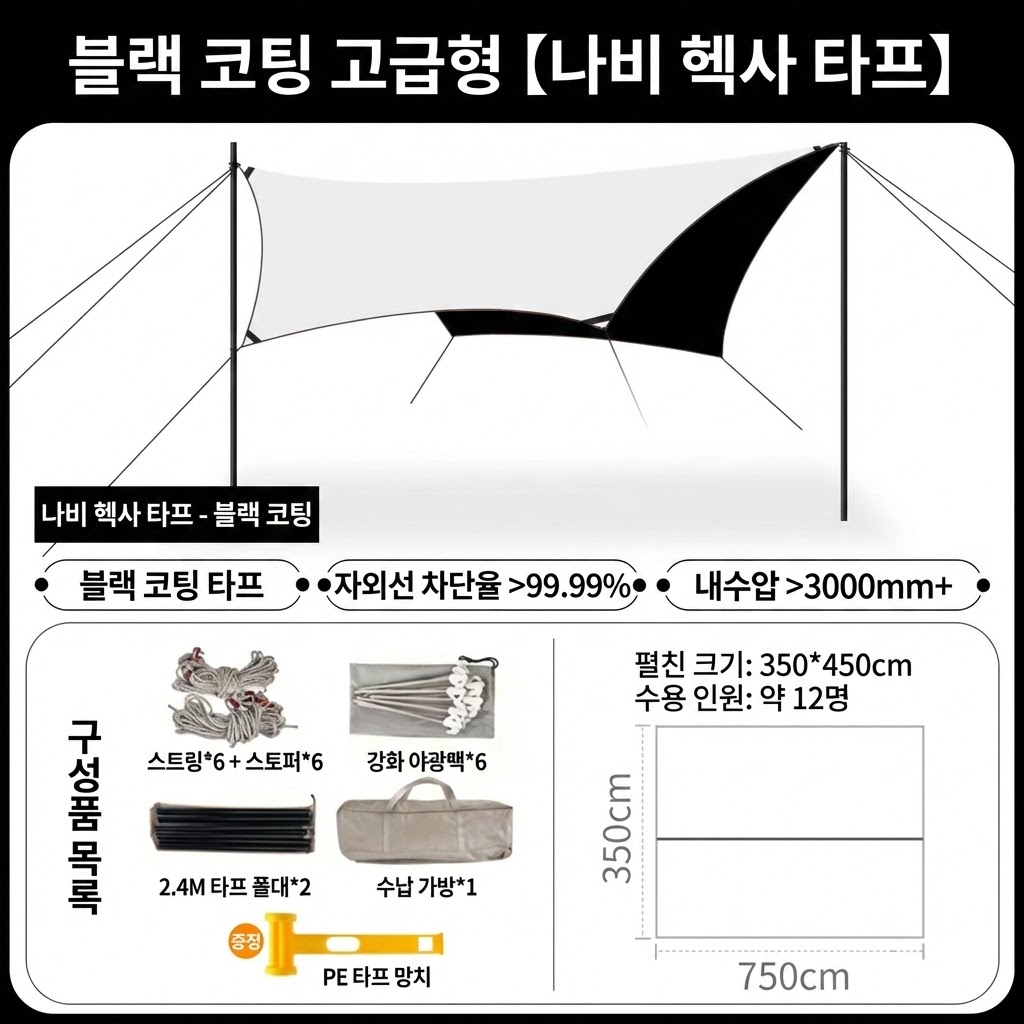 블랙코팅 감성 캠핑 헥사타프 대형 6각 텐트 타프 완벽차광 방수 차박 그늘막, 흰색 80,000원