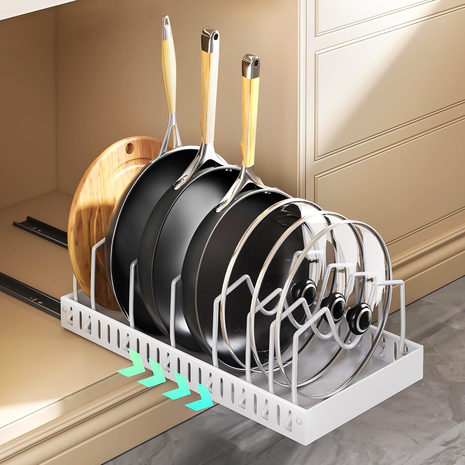 Ryusei 후라이팬 정리대 슬라이딩 프라이팬 수납 보관함 양념통 정리+ 후라이팬 보관 2in1 싱크대 칸막이 조절 가능 선반 JHC075, 1개, 화이트 29,900원