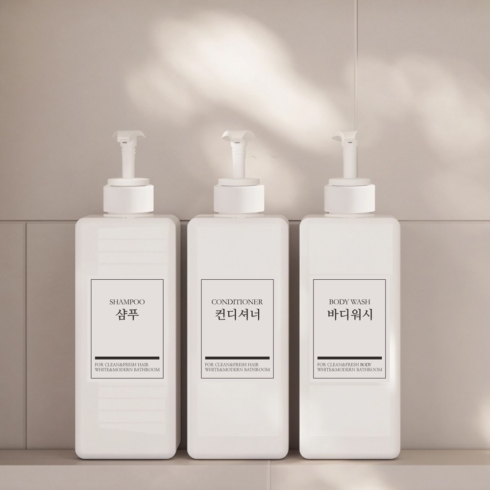 모든집 호텔 욕실 디스펜서 샴푸통 800ml+방수라벨 3구 세트, 1세트, 욕실세트_800ml(백색용기+백색펌프+한글3종) 15,800원