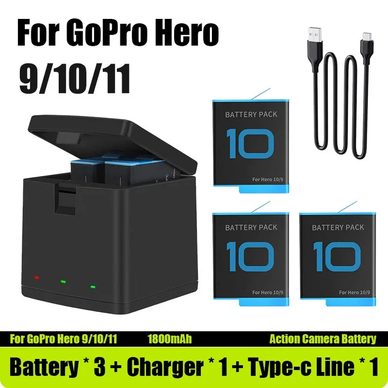 GoPro Hero 용 2000mAh 배터리 12 11 10 9 리튬 이온 배터리 모션 카메라 충전식 배터리 보관함 3 슬롯 고 50,000원