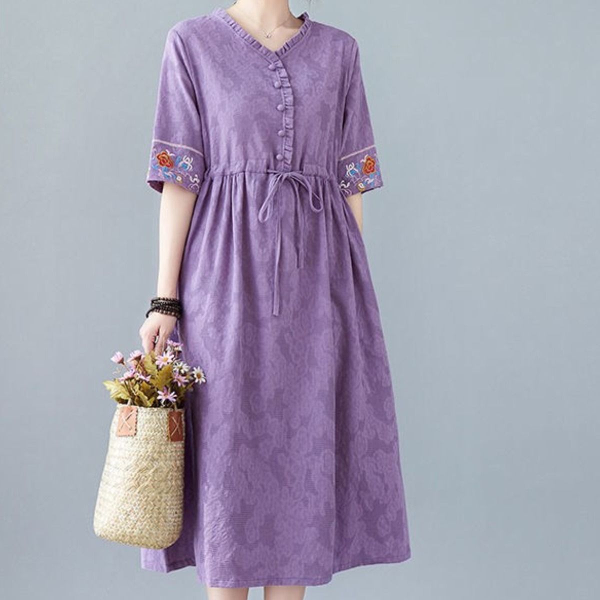 여름 에스닉 면 마 원피스 여 고급 허리 조임 루즈핏 날씬해 보이는 기질 린넨 스커트 개량 한복 일상복 나들이룩 32,500원