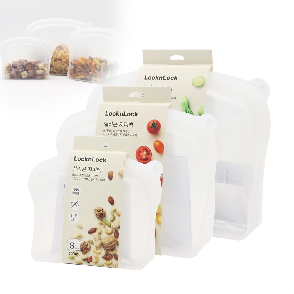 락앤락 실리콘 지퍼백 3종 세트 600ml + 1200ml + 2000mL 스탠딩 저장팩 푸드백 소분용기 34,280원