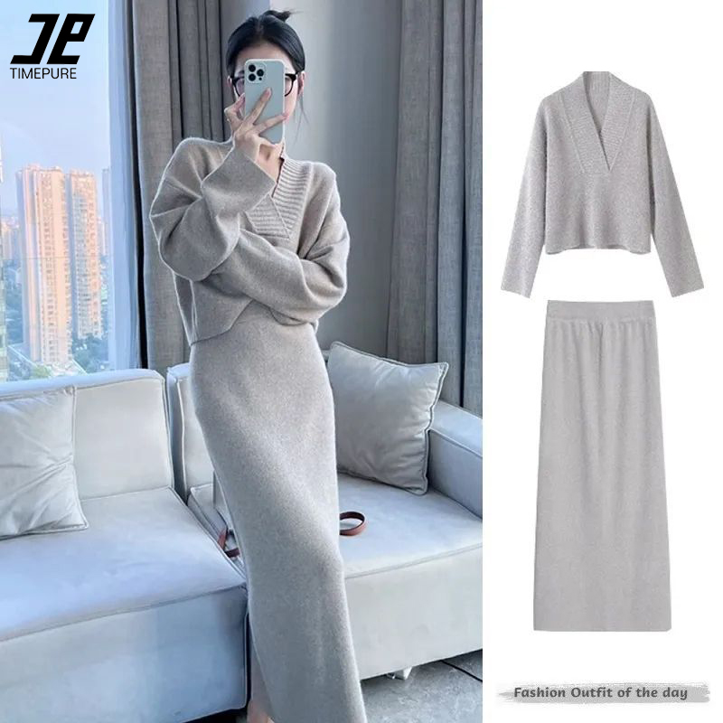 timepure 가을 겨울 여성 2피스 니트 세트 캐주얼 브이넥 니트 스웨터+롱 스커트 신플 니트 치마 상하의 세트 패션 33,880원