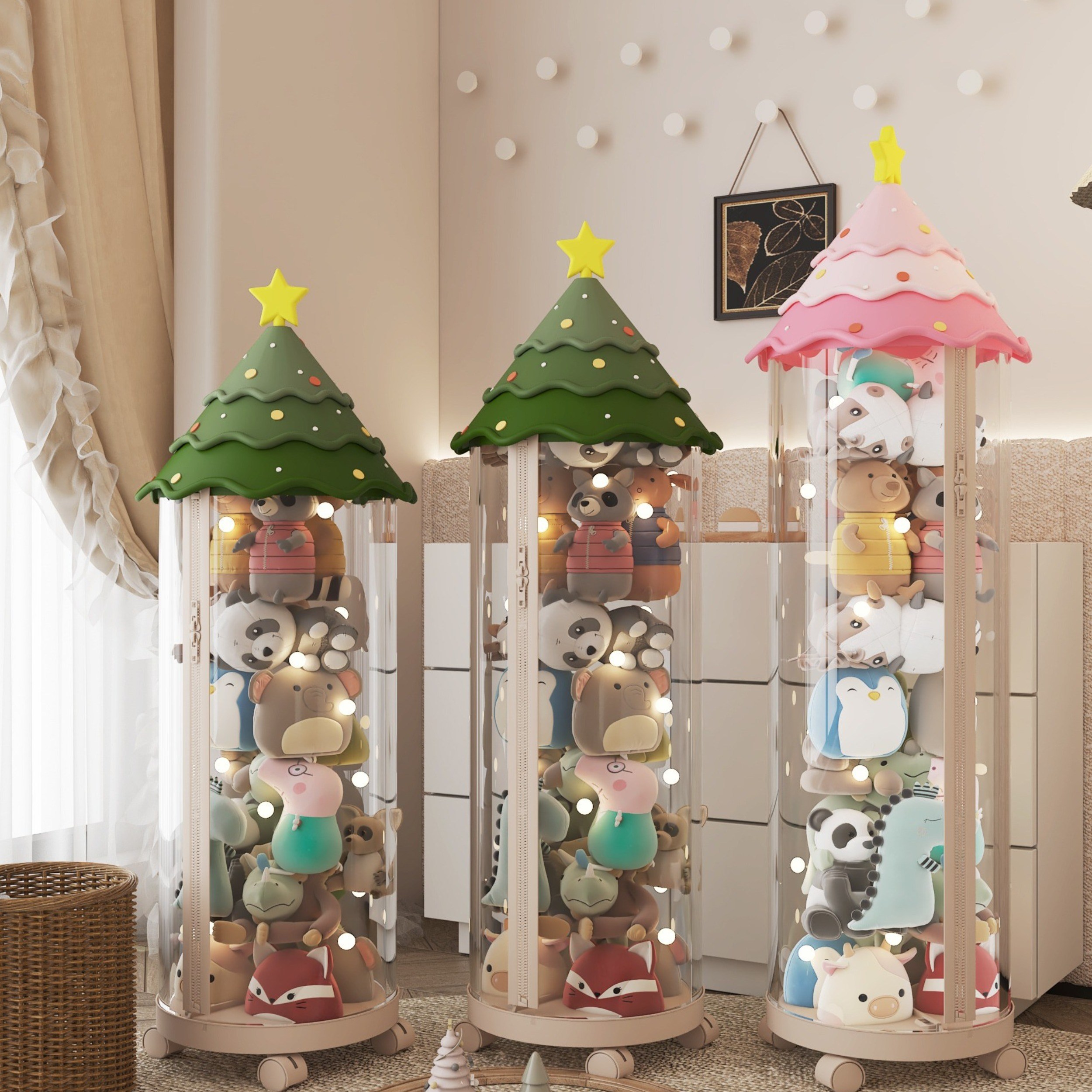 투명 원통 인형 보관 정리함 대형 지퍼형 이동식 장난감 수납함, 포레스트 그린 18,000원