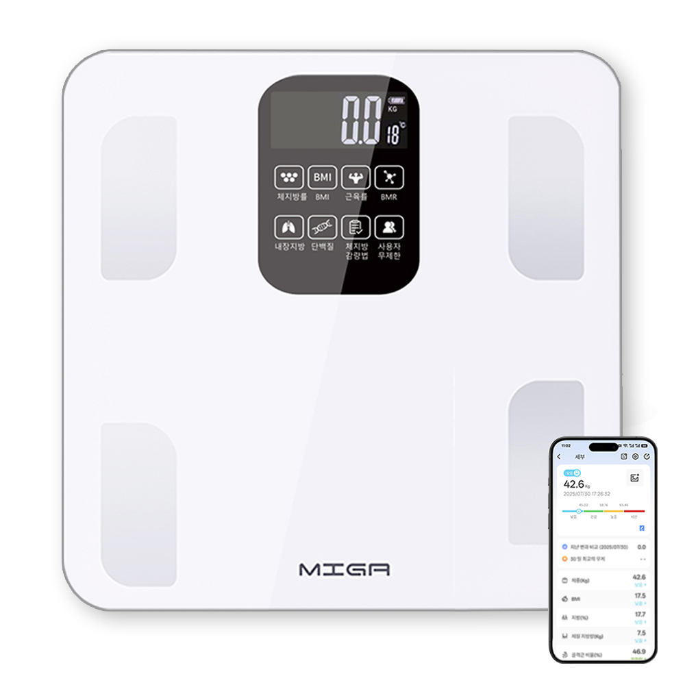 MIGA 스마트 가정용 블루투스 LCD 강화유리 인바디 체지방 체중계 16,500원