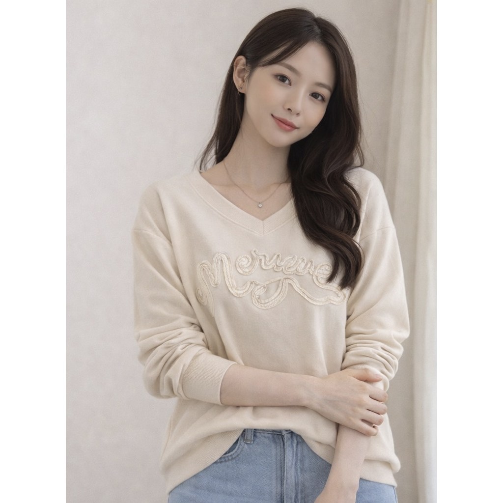 [메리브] 여성 캣 브이넥 레터링 자수 봄가을 데일리 쭈리 맨투맨 루즈핏 긴팔티셔츠 2color 34,900원