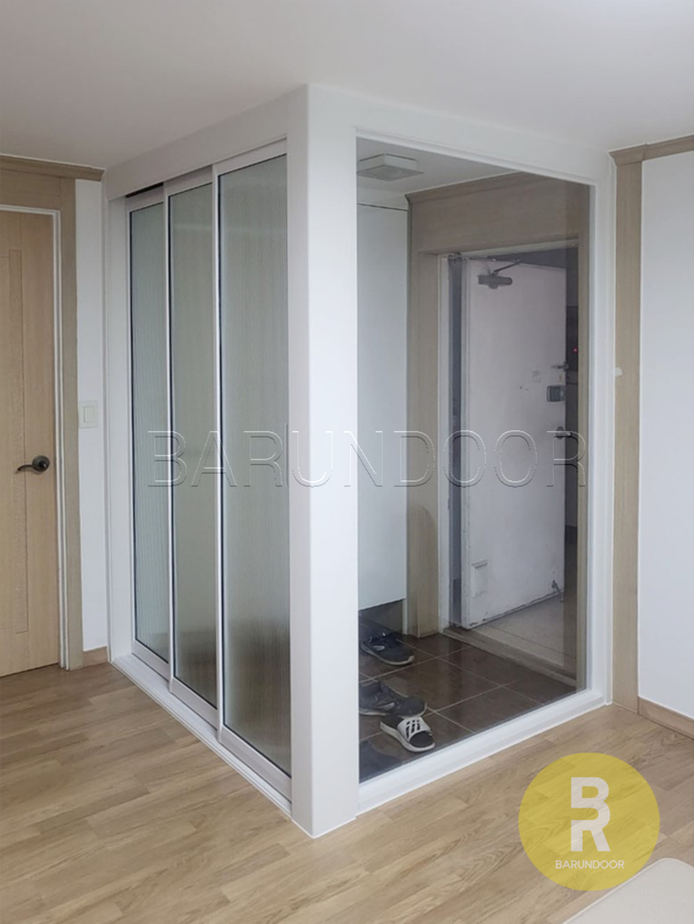 43번 ㄱ자중문 파티션 초슬림3연동 화이트 투명+모루세로강화유리 // 현관중문,시공비포함,소음차단,반려견안전,맞춤제작,아파트빌라중문, 1개 2,105,000원