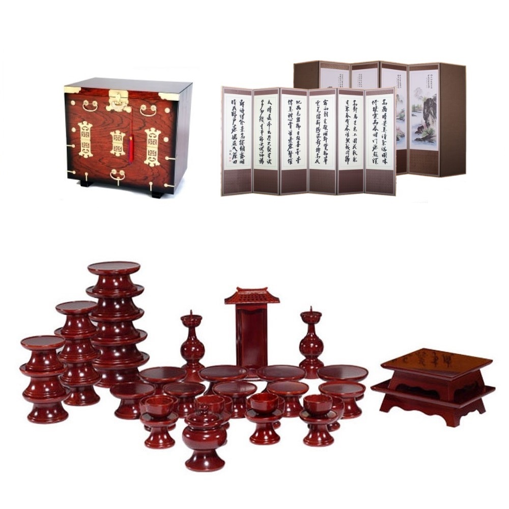 패키지 문화재 오리목 제기 39p + 남원 앞닫이 제기 보관함 + 남원목기공예 옥비단 산수화 추사한시 6폭 병풍, 1세트 622,210원