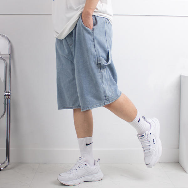 오드아이스트릿 버뮤다 카펜터 와이드 청 반바지 6부 데님 벌룬핏 빅사이즈 허리밴딩 남자 여자 공용 반바지 34,500원