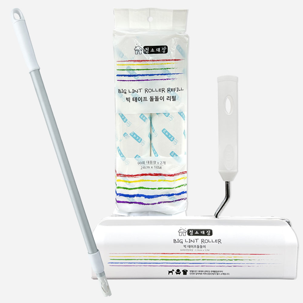 청소대장 돌돌이 24cm 세트 + 롱핸들 리필 3p 사선 컷팅 테이프 클리너 롤러, 청소대장돌돌이24cm세트+롱핸들+리필3p 19,900원