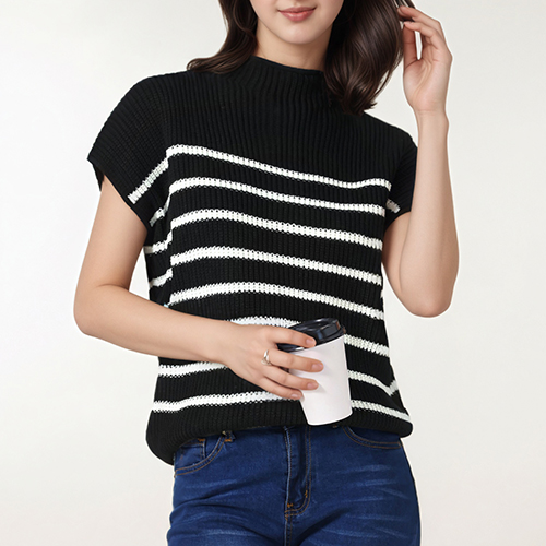 cheibear 여성용 모크넥 스트라이프 니트 조끼 캡 슬리브 캐주얼 24,570원
