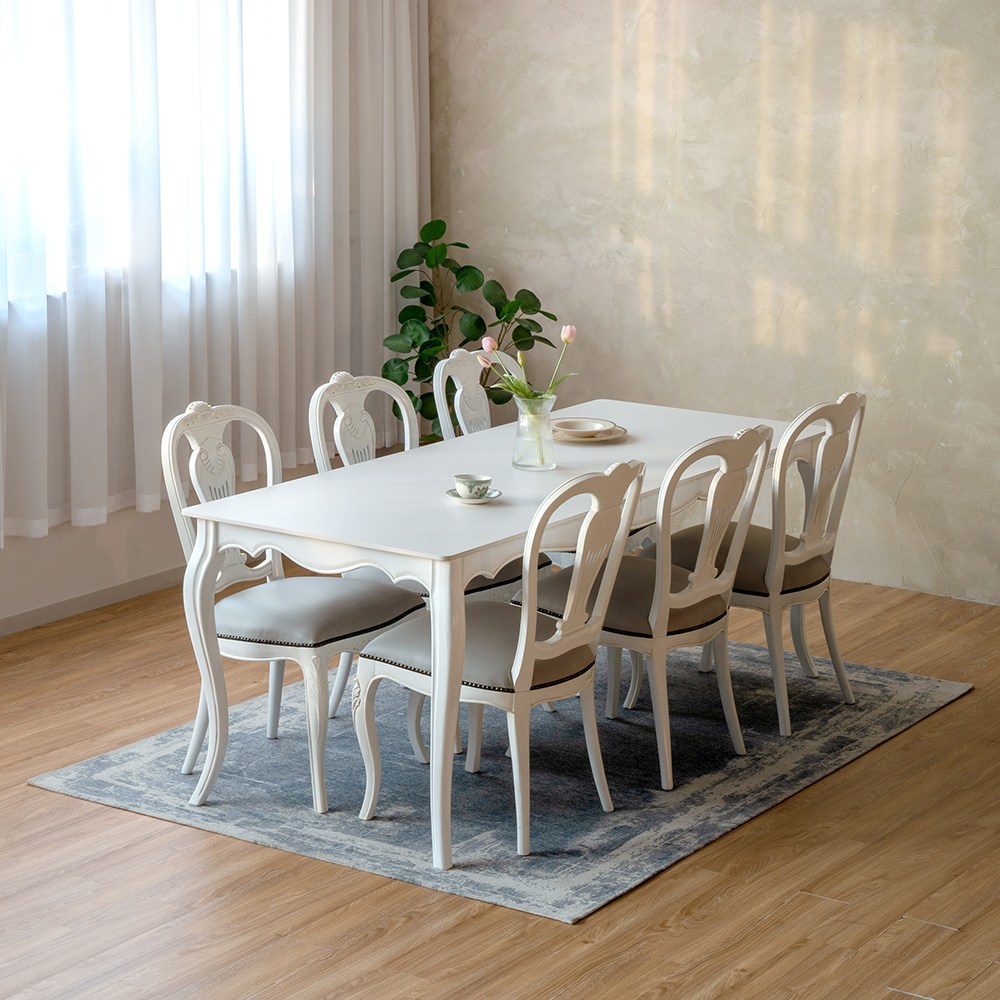 피어젠가구 로사 프렌치 앤틱 6인용 포세린 세라믹 원목 식탁 봄베이 의자 세트 2,300,000원