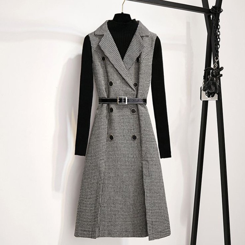 POMTOR 여성 봄가을 하운드투스 니트 모직 베스트 원피스 투피스 세트 47,800원