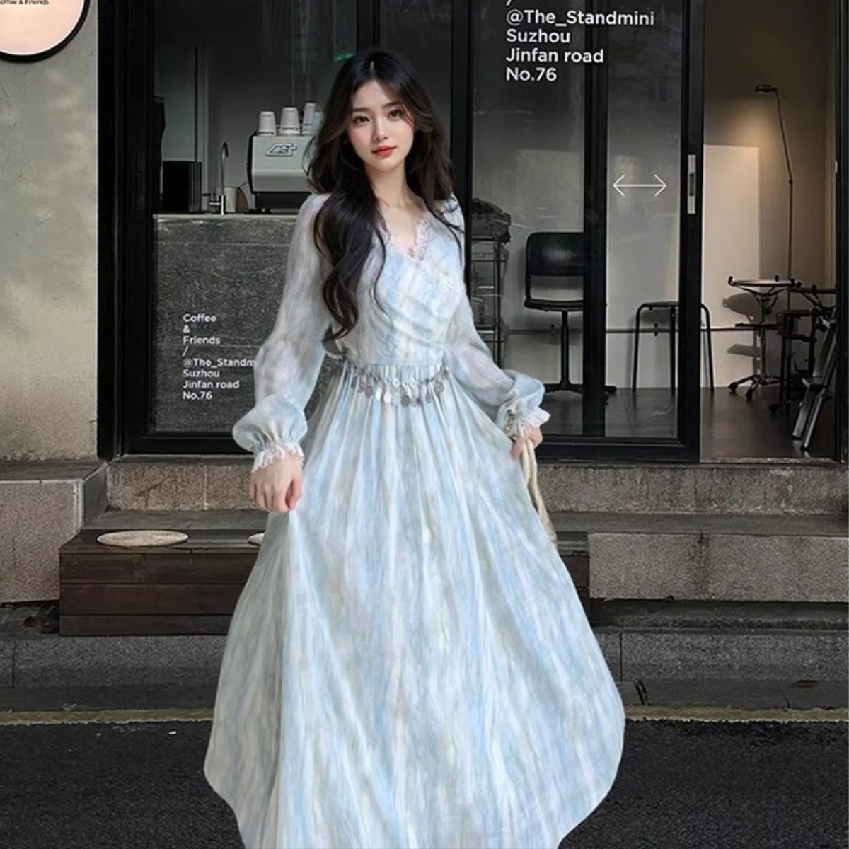 Akimu 여성 레이스 긴팔 원피스 레이어드 롱 원피스 데이트룩 42,880원