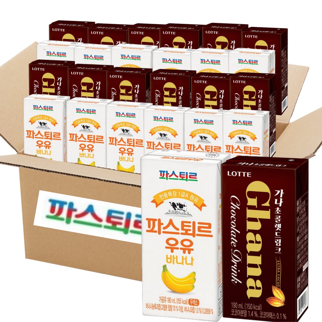 파스퇴르 멸균우유 190ml 총24입( 바나나우유 12입 + 가나 초콜릿 드링크 12입) 18,900원