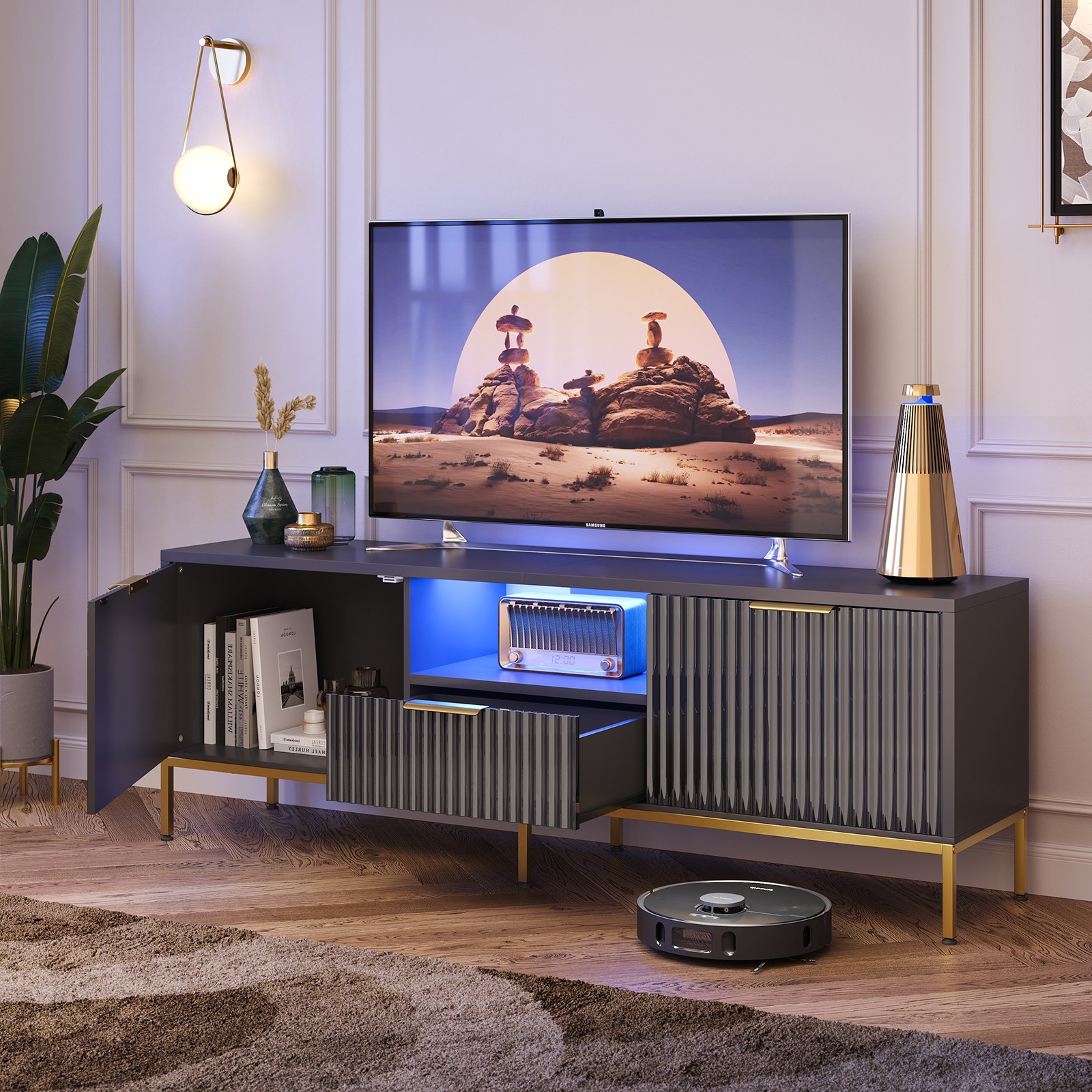 Bestier 거실장 TV다이 수납장 1400 서랍형 LED, 블랙 156,500원