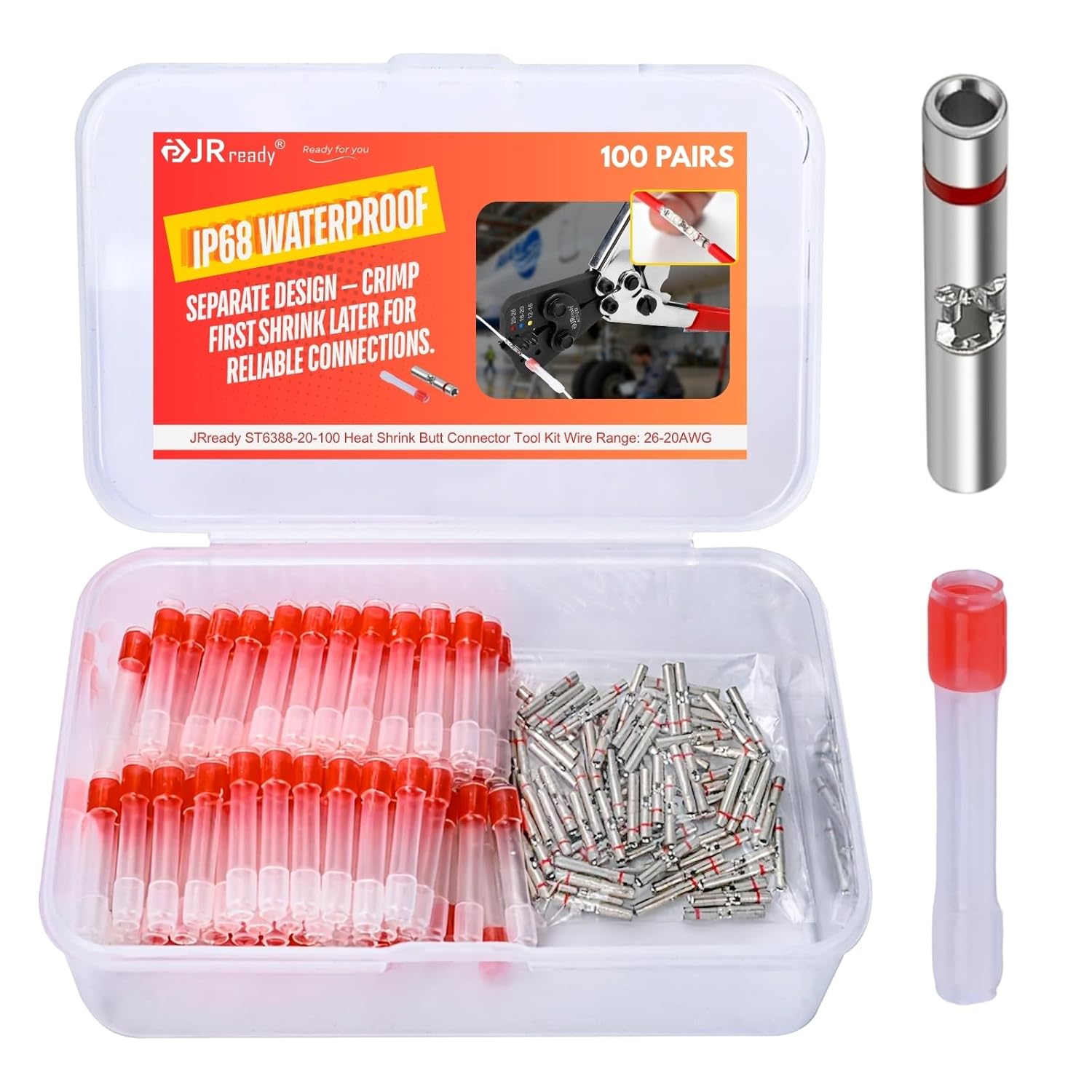 JRready 100쌍 방수 열수축 버트 커넥터 MiniSeal 26-20AWG 전선 커넥터, M81824/1-1 절연 3:1 PE 튜브, IP68 방수 ST6388-20-100, 1개 47,040원