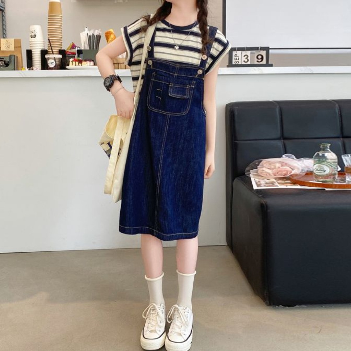 해피유통어린이 스트라이프 티셔츠와 멜빵 원피스 세트 캐주얼 패션14세 이상 XG03 41,000원