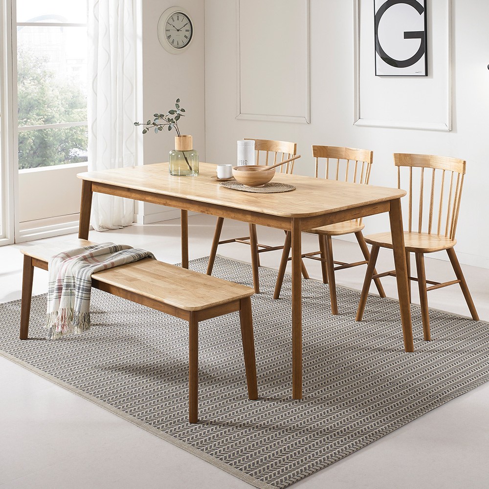 라로퍼니처 아몬드 1650 고무나무 원목 6인용 식탁 세트 (식탁+의자3+벤치1), 식탁+의자3+벤치1 428,000원