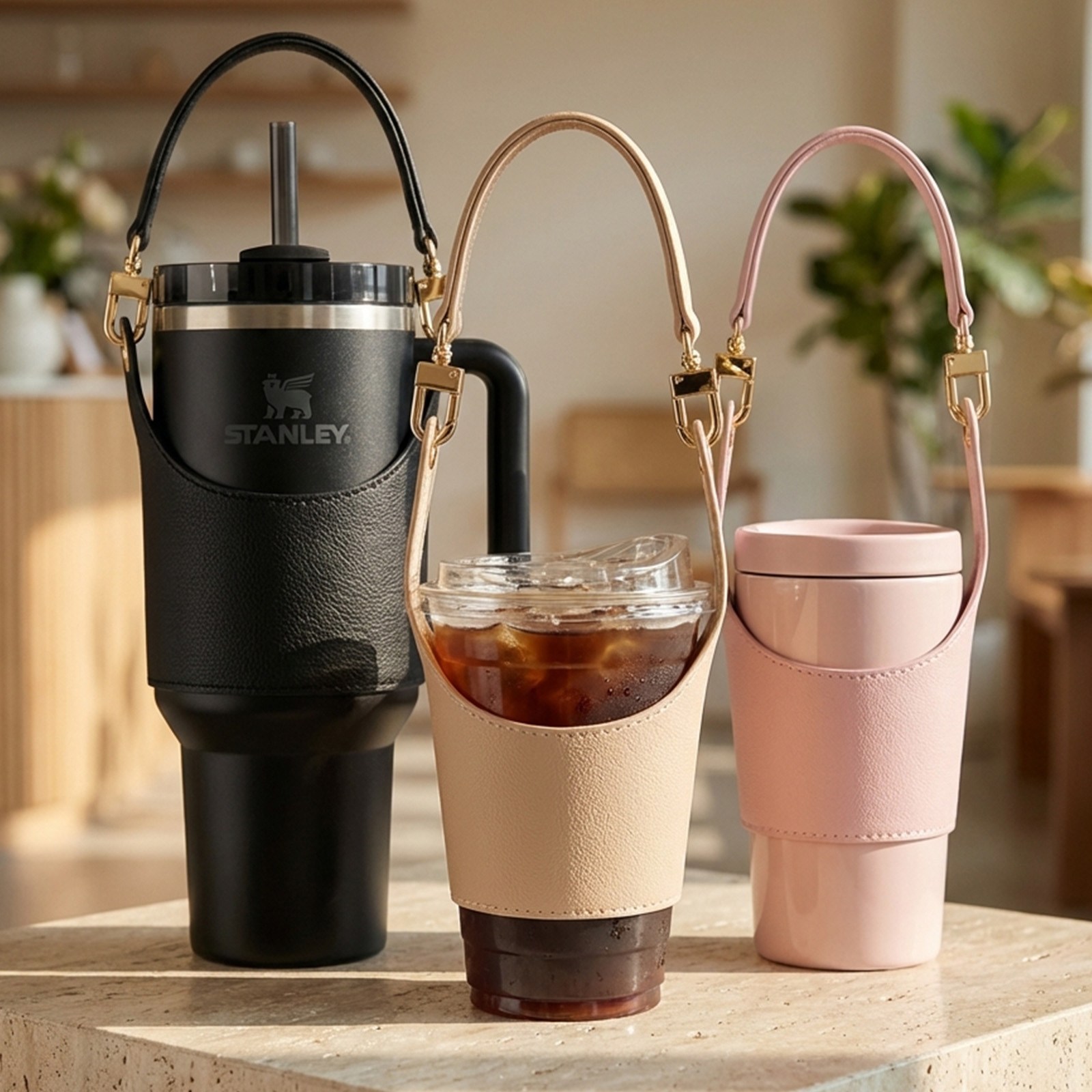 네이빈 드링크백 가죽 텀블러 컵홀더 파우치, 1개, 베이지 10,000원