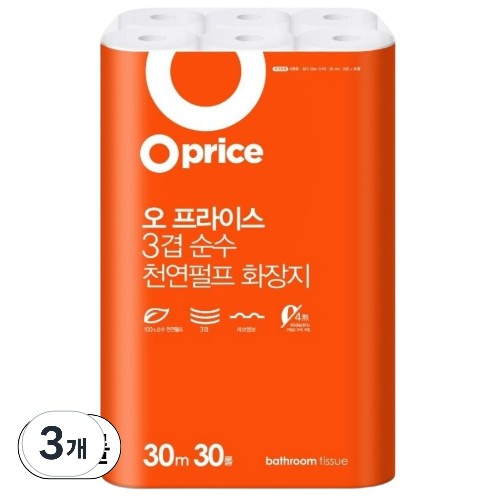 오프라이스 더 길어진 3겹 천연펄프 화장지, 30m, 30롤, 3개 35,910원