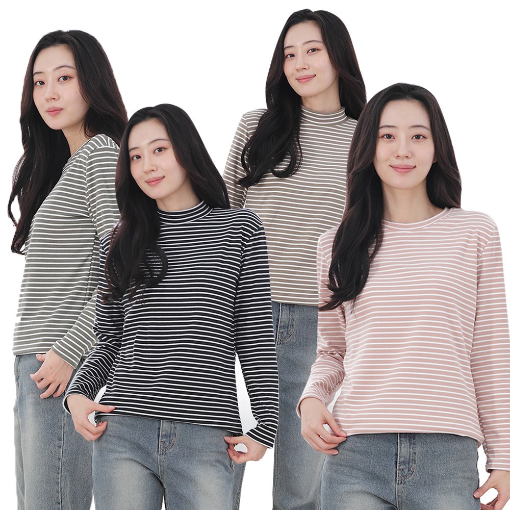 여성 줄무늬 티셔츠 양면기모 스트라이프 단가라 라운드넥 반목티 목폴라 이너티 부드러운 스판 가을 겨울 긴팔티 기본티 기본템 반목 폴라 줄티 6,900원
