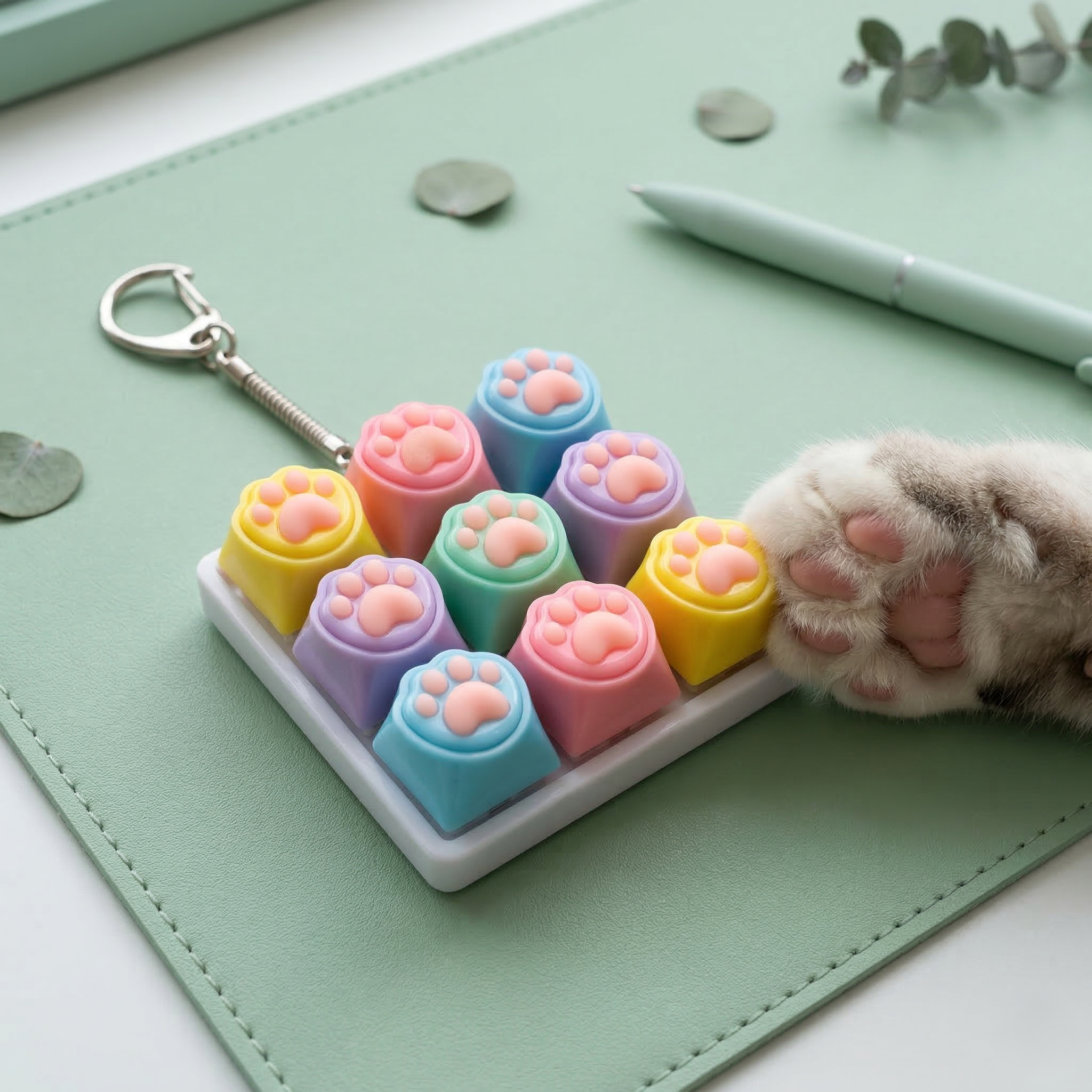 고양이 젤리 9구 키캡 딸깍이 키링 발바닥 키보드 열쇠고리 피젯토이, 1개, 파스텔 혼합색상 10,400원