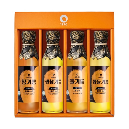 50년전통 대현상회 저온압착 국산 참기름 들기름 생들기름 생참기름 180ml 4병 선물세트 (선물케이스포장) 99,900원