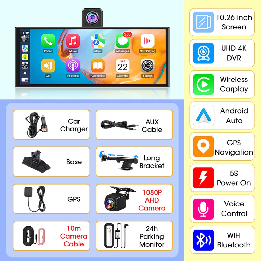카플레이 모니터 10 26인치 4K 블랙박스 CarPlay Android Auto 지원 360 회전 5G Wi Fi GPS 내비게이션 FM AUX 후방 카메라 비디오 녹화 기능 136,700원