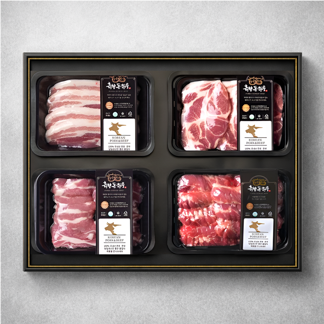 명품한돈 국내산 1등급 한돈 프리미엄 선물세트 2호(삼겹살+목살+가브리살+낙엽살) 모듬소세지 증정, 1박스 117,000원
