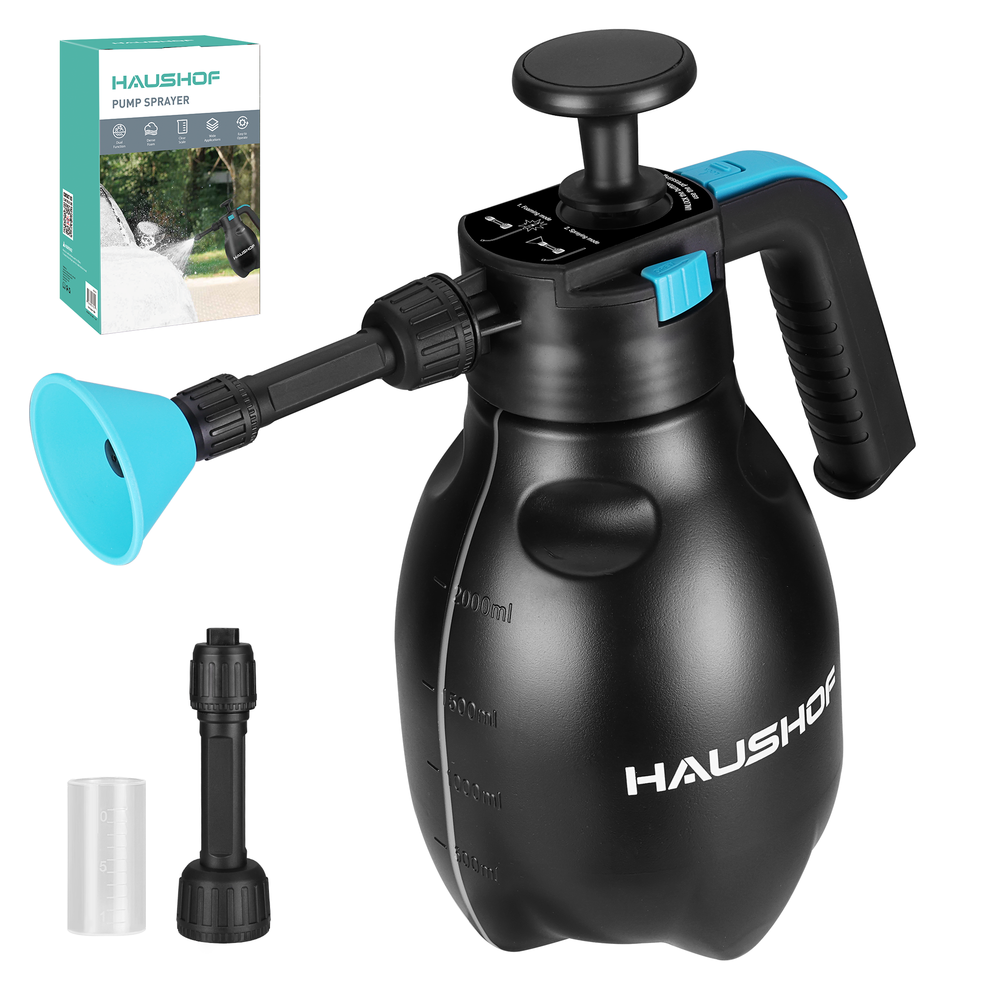 HAUSHOF 2L 대용량 원예  자동차 세차 물 뿌리개 분무기 꽃물주기 세차 스프레이 폼건 압축분무기 폼 다용도 버블노즐포함 핸드형 프리워시 가정용 화단 다육이 화분 물조리개, 현재가 11,230원