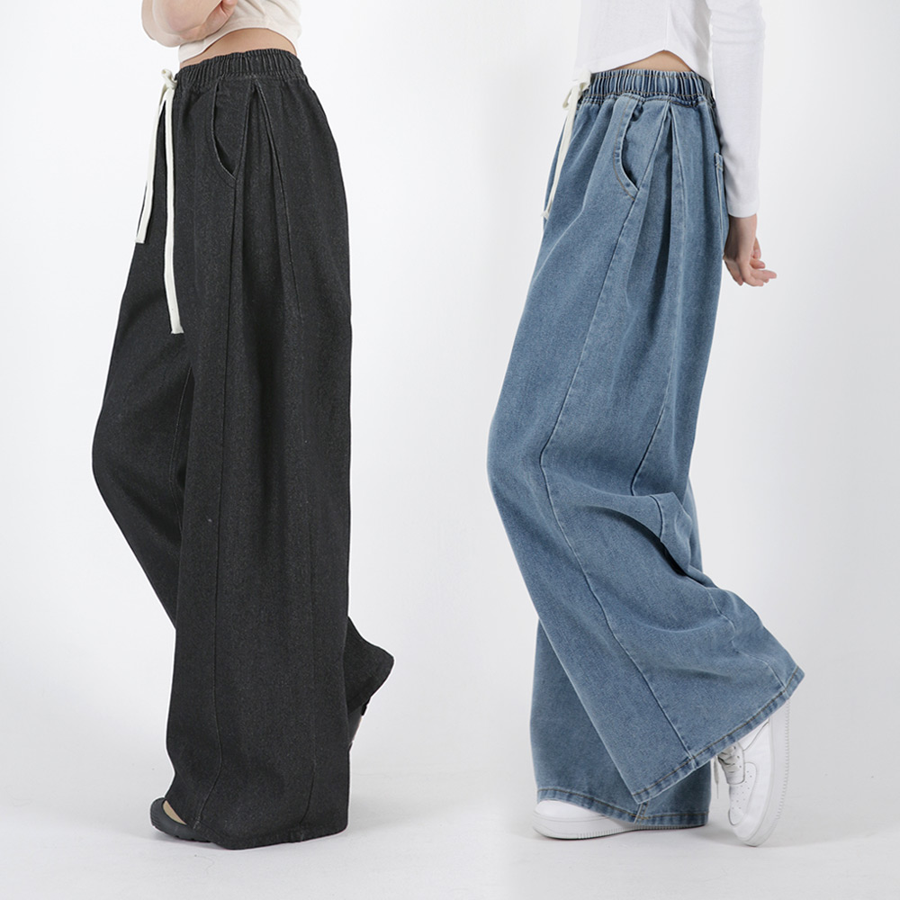 오버나인 여자 여성 숏롱 기장선택 와이드 핀턱 밴딩 데님 팬츠 청바지 28,900원