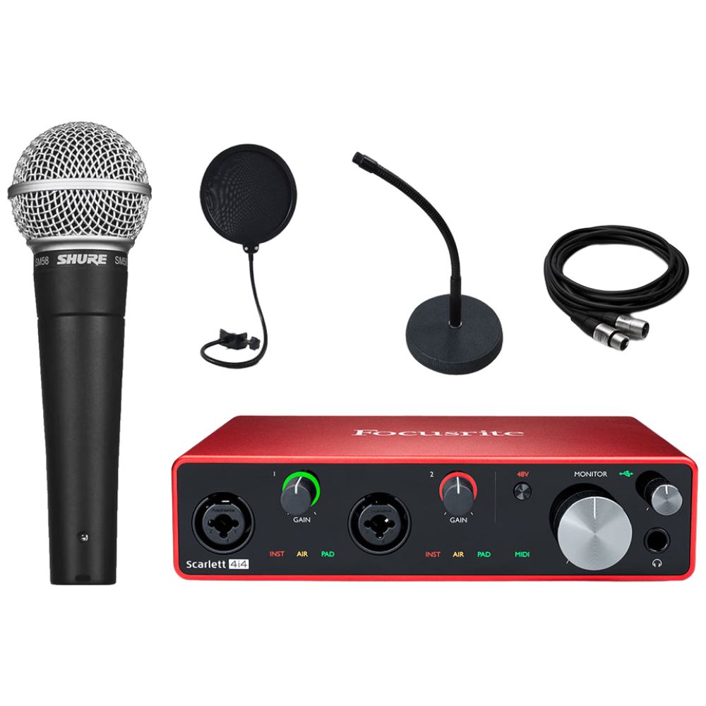 포커스라이트 스칼렛 4i4 슈어 SHURE SM58 K-LC 홈 레코딩 케이블 팝필터 자바라 스탠드 패키지, 스칼렛4i4+SM58K-LC+팝필터+케이블+자바라스탠드 573,000원