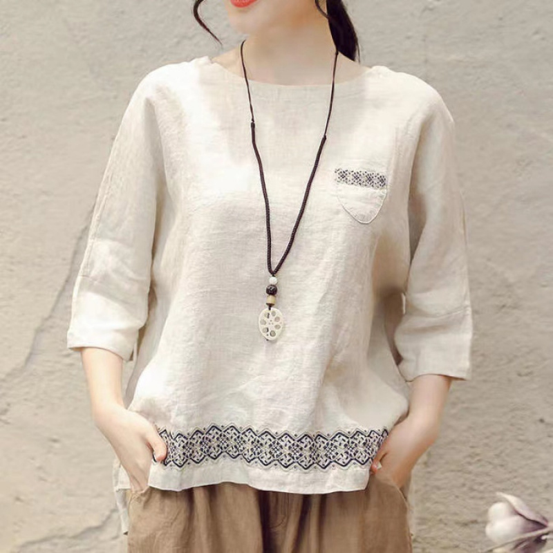 MIREA 여성 7부 소매 라운드넥 린넨 코튼 포켓 루즈핏 봄여름 DTX02 17,900원