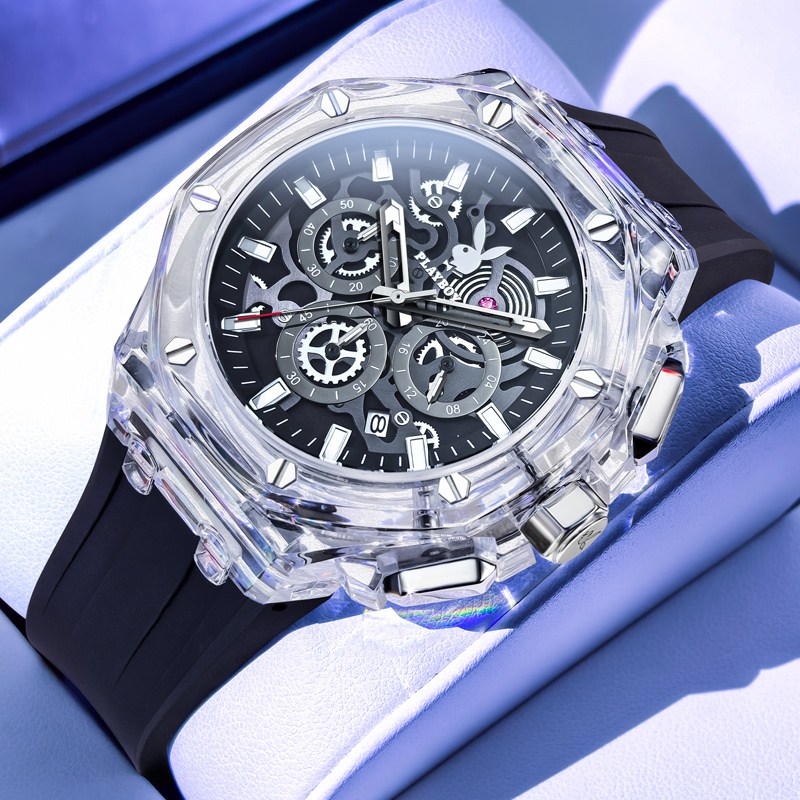 PLAYBOY 플레이보이 명품 남성 스포츠 크로노그래프 손목시계 투명 케이스 방수 쿼츠 시계 80,300원